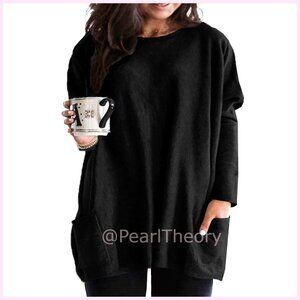 Plus Size Long Sleeve Tunic Sweatshirt with Side Pockets, Polyester Blend